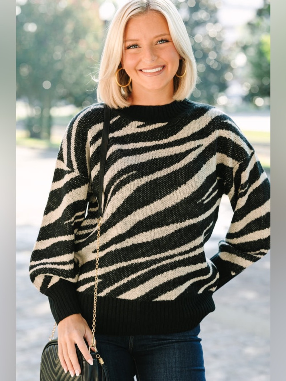 Entro Boutique Zebra-Print Crewneck Sweater in‎ Camel and Cream